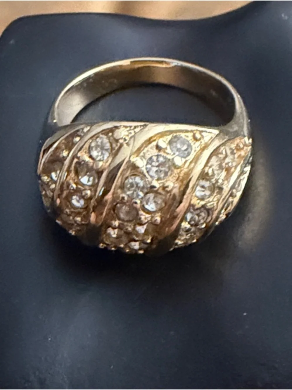 SZ 7.5 18 K Gold HGE Dome Costume Cocktail Ring -with 5 rows of CZ or Rhinestone